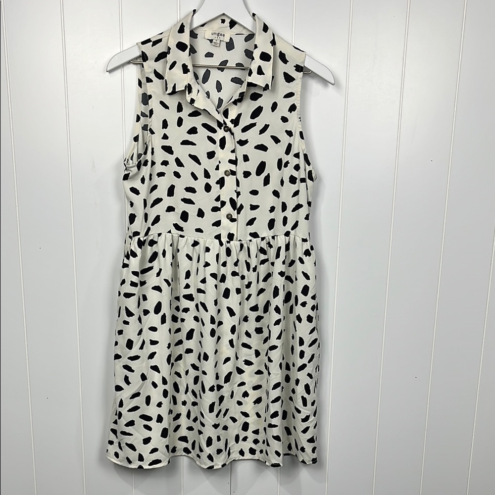 Umgee Womens Mini Dress S Off-White Black Dalmatian Print Sleeveless Boho Flowy